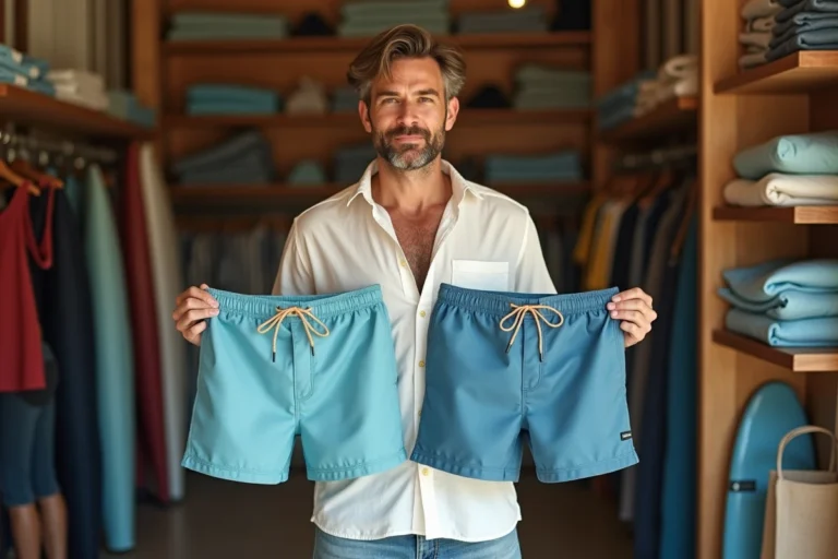 Homme comparant deux shorts de bain dans un magasin de surf pour identifier leurs différences avant l'achat
