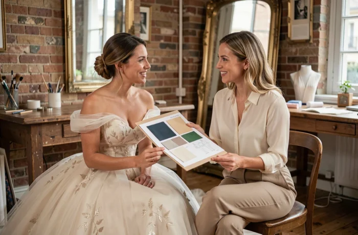 Consultation pour choisir la robe de mariée parfaite dans un atelier parisien