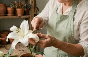 Femme retirant le pistil d'un lys blanc avec des ciseaux de précision sur un établi en bois rustique