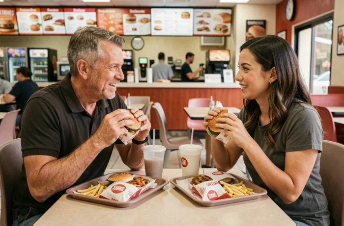 Un homme et une femme attablés dans un restaurant fast-food tenant chacun un burger emballé, comparant leurs repas avec des expressions naturelles et engagées