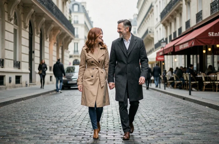 Couple élégant marchant et riant dans une rue pavée parisienne, illustrant la complicité entre Juliette Plumecocq-Mech et son mari