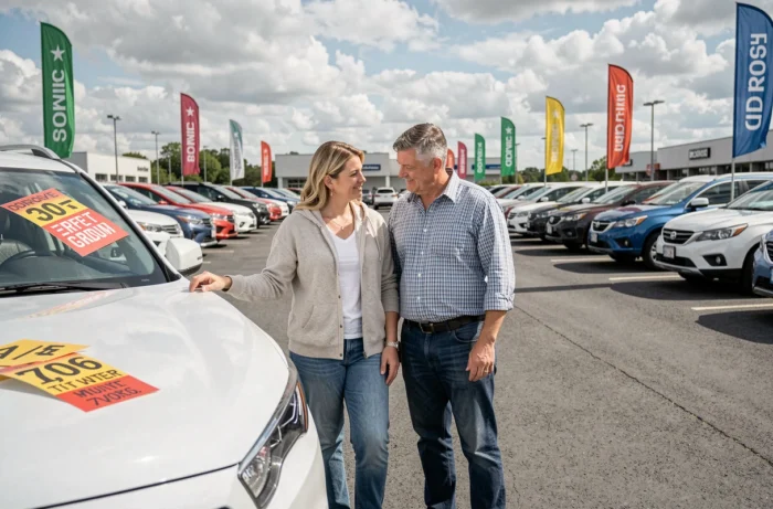 Couple découvrant les offres promotionnelles sur des véhicules dans un parking de concession automobile en plein air