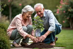 Couple de personnes âgées plantant ensemble un cerisier ornemental dans leur jardin pour célébrer leurs 50 ans de mariage