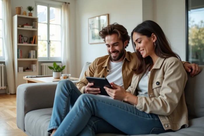 Couple cherchant des petites annonces immobilières sur une tablette dans un appartement français moderne