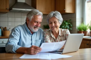 Couple de retraités consultant des documents de retraite ensemble dans leur cuisine
