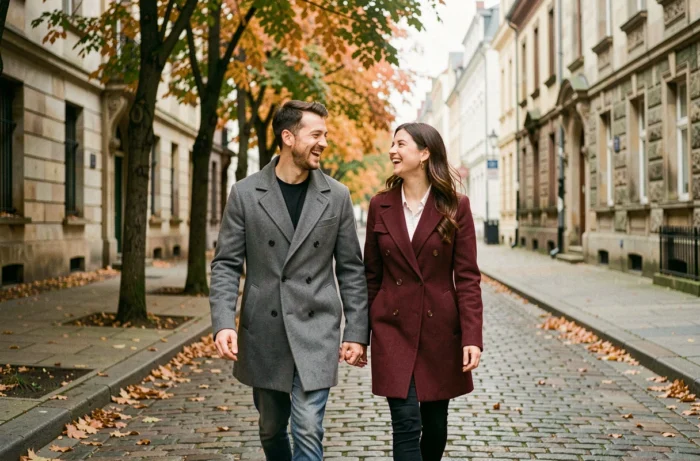 Couple marchant ensemble dans une rue pavée en automne, illustrant la vie privée et la complicité d'un couple dans un cadre urbain authentique