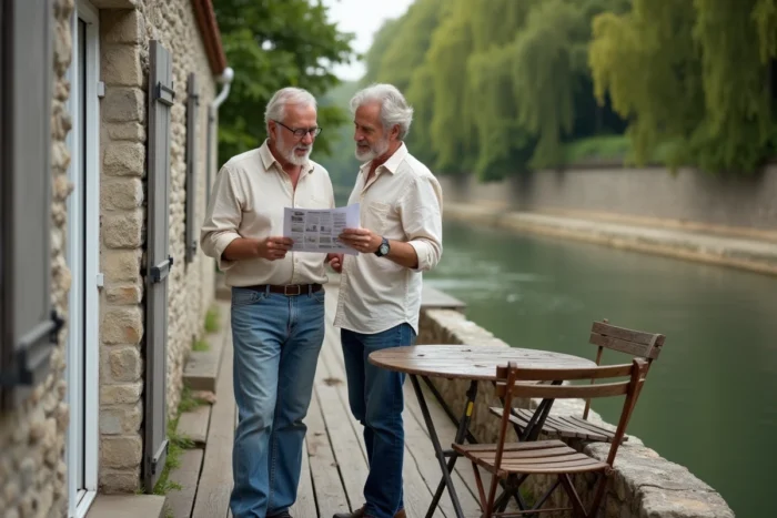 Couple visitant une maison à vendre avec terrasse en bois au bord de la Seine près de Paris
