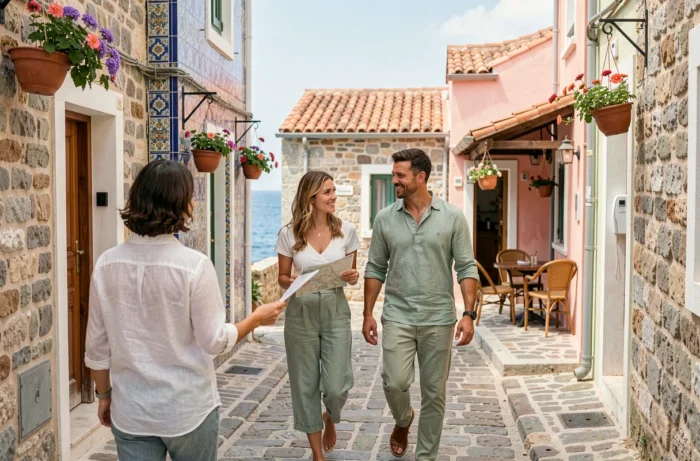 Couple de voyageurs explorant une ruelle pittoresque d'un village méditerranéen en été avec une carte