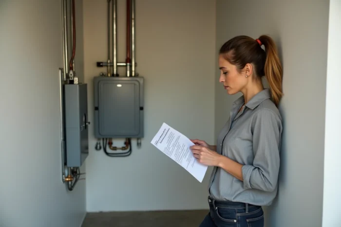 Propriétaire consultant les documents de coût de raccordement EDF dans une pièce technique avec tableau électrique