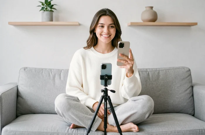 Créatrice de contenu filmant une vidéo pour les réseaux sociaux dans un studio minimaliste à domicile