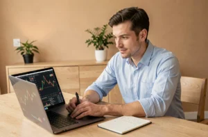 Jeune homme analysant des graphiques boursiers sur un ordinateur portable dans un bureau à domicile moderne