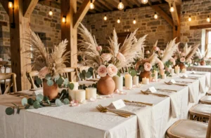 Décoration de table de mariage élégante avec roses roses, eucalyptus et vaisselle dorée dans une grange en pierre