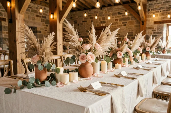Décoration de table de mariage élégante avec roses roses, eucalyptus et vaisselle dorée dans une grange en pierre