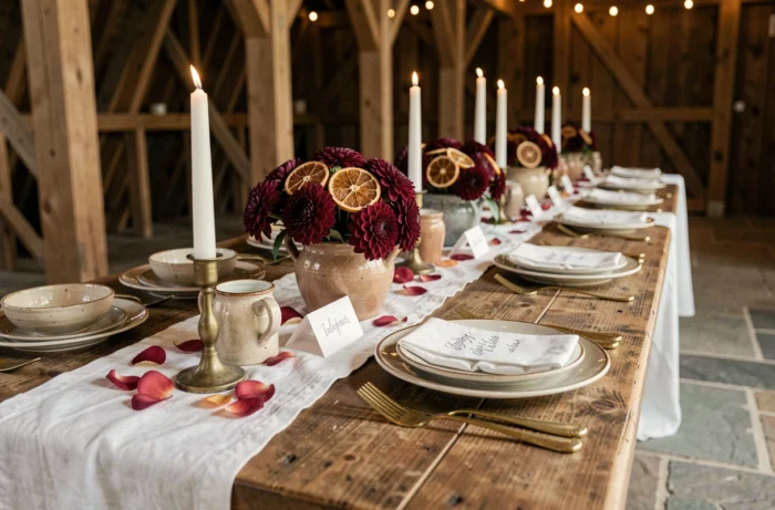 Décoration de table de mariage rustique chic avec dahlias bordeaux, bougies laiton et vaisselle vintage dans une grange