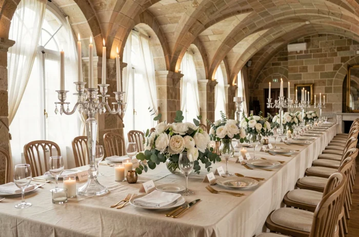 Décoration de table de réception de mariage élégante avec pivoines blanches, bougeoirs en cristal et nappes ivoire dans un château