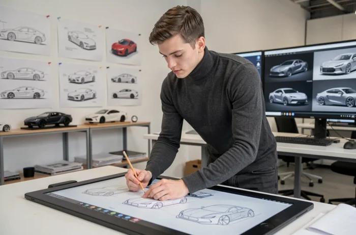 Designer automobile concentré travaillant sur des esquisses de concepts de voitures futuristes dans un studio de design moderne