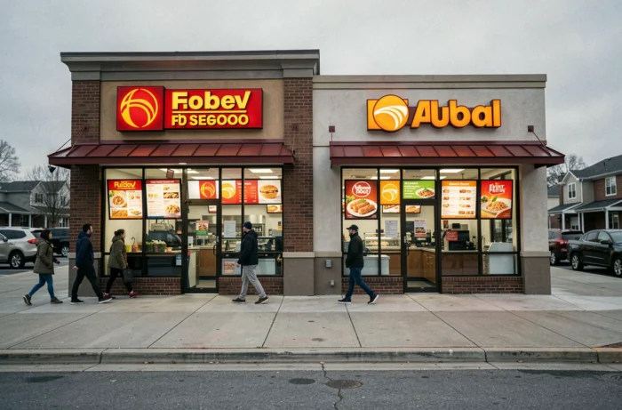 Deux devantures de restaurants fast-food concurrents côte à côte dans un centre commercial américain contemporain avec clients en tenue décontractée