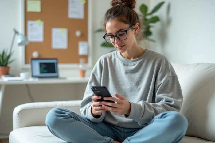 Développeuse analysant les résultats de l'API Google Lens sur smartphone depuis son bureau à domicile