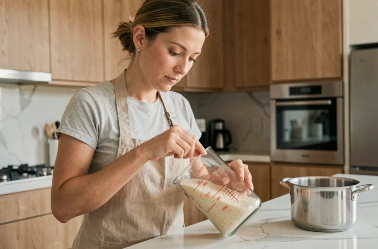 Femme mesurant la quantité de riz cru dans un verre doseur en cuisine moderne