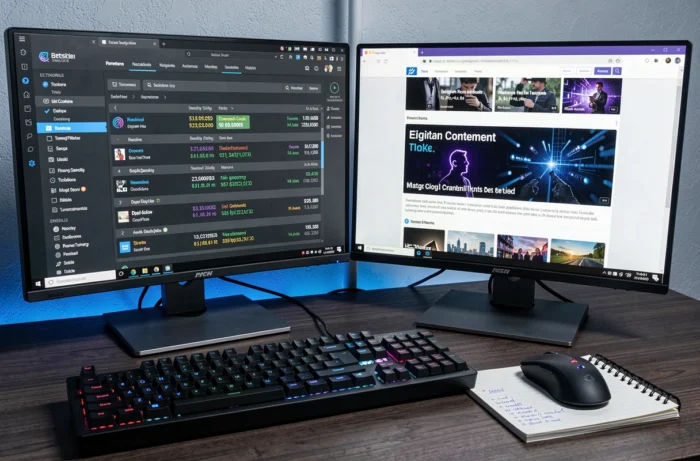 Double écran d'ordinateur de bureau affichant un client torrent actif et un site d'actualités technologiques sur un bureau en bois sombre avec clavier mécanique