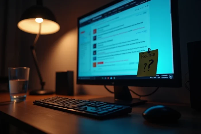 Écran d'ordinateur affichant un forum en ligne avec une note autocollante couverte de points d'interrogation dans un bureau nocturne