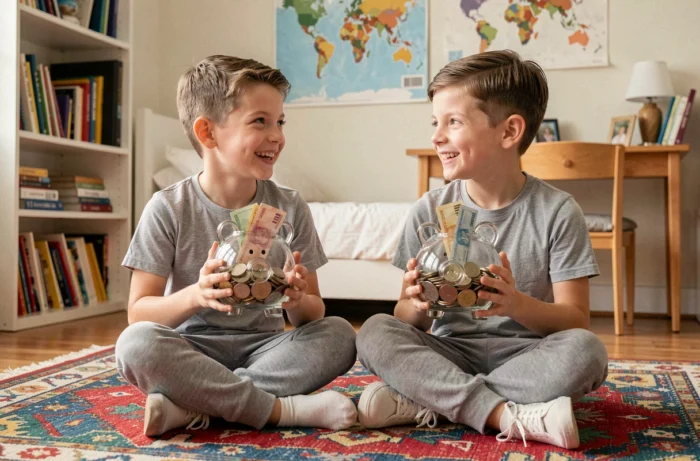 Deux enfants comptant leurs économies dans des tirelires transparentes dans leur chambre, initiation à la gestion de l'argent en famille