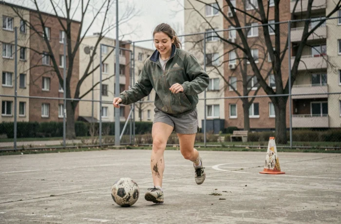 Jeune joueuse de football s'entraînant sur un terrain de quartier en milieu urbain, dribblant entre des cônes avec une expression spontanée