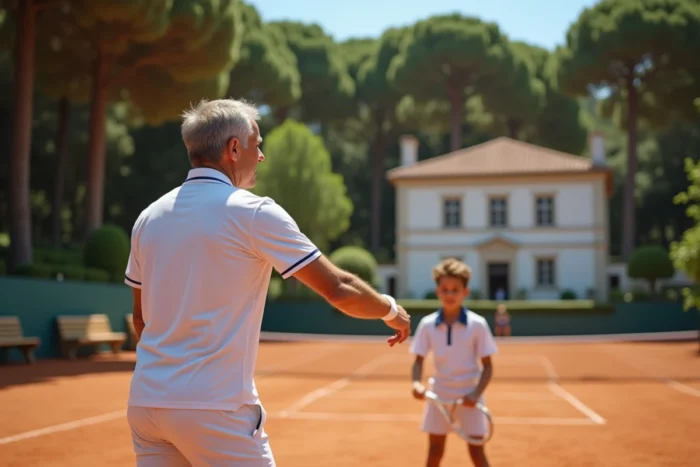 Entraîneur de tennis démontrant le revers à une main dans un style inspiré de Stefan Edberg sur un court en terre battue d'une académie européenne