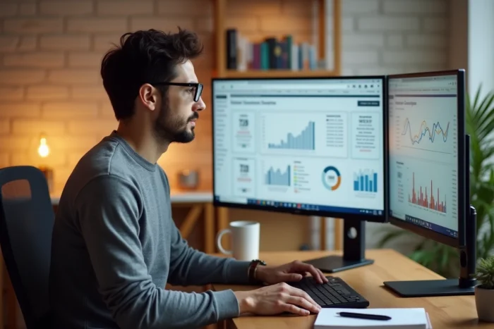 Jeune entrepreneur analysant des métriques de marketing digital sur un double écran dans un bureau à domicile