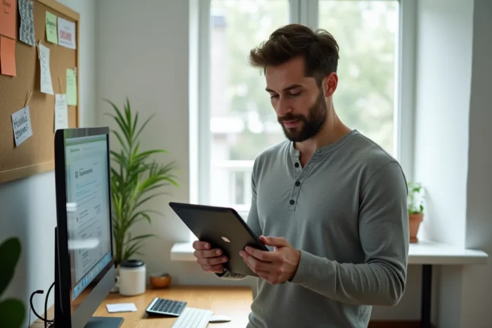 Entrepreneur masculin debout à son bureau consulte une plateforme de petites annonces professionnelles sur tablette dans un bureau à domicile