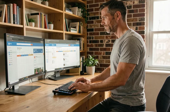 Entrepreneur travaillant sur des stratégies de référencement naturel depuis son bureau à domicile avec deux écrans