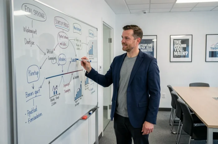 Entrepreneur masculin présentant une stratégie de création d'entreprise sur un tableau blanc dans une salle de réunion de startup