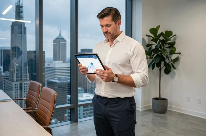 Entrepreneur debout face à une vue urbaine tenant une tablette avec une interface de gestion de services B2B pour piloter son entreprise