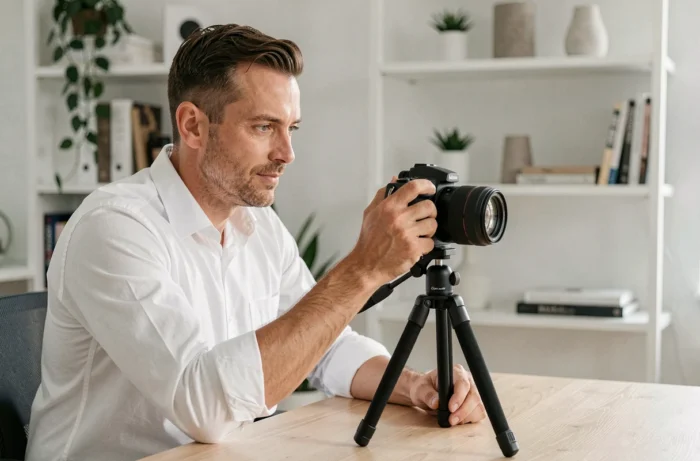 Entrepreneur préparant un tournage vidéo professionnel depuis son bureau à domicile avec caméra sur trépied