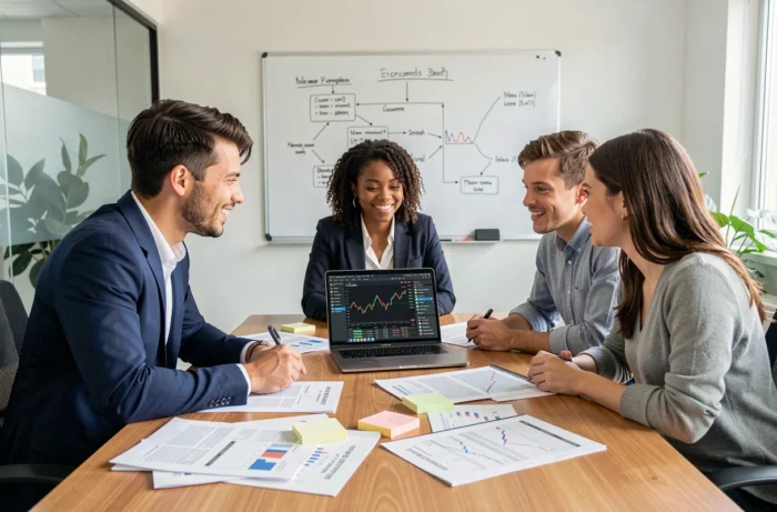 Trois jeunes professionnels collaborant autour de rapports financiers et d'un tableau de bord boursier en salle de réunion