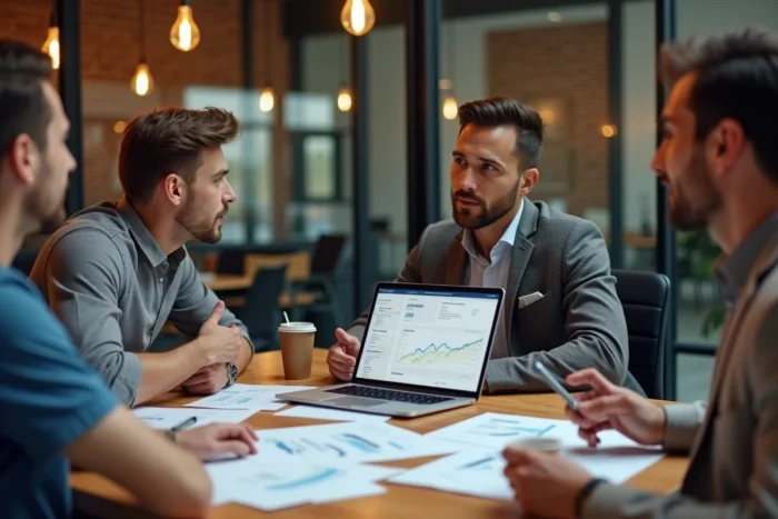 Équipe marketing analysant des données de campagne autour d'une table de réunion collaborative