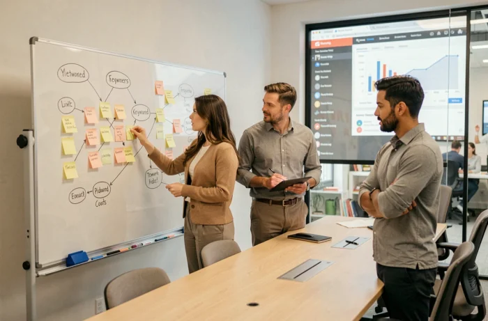 Équipe marketing collaborant sur une stratégie de visibilité internet autour d'un tableau blanc en agence digitale