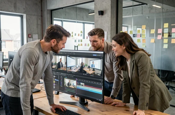 Équipe de professionnels collaborant sur le montage d'une vidéo de communication d'entreprise dans un bureau créatif