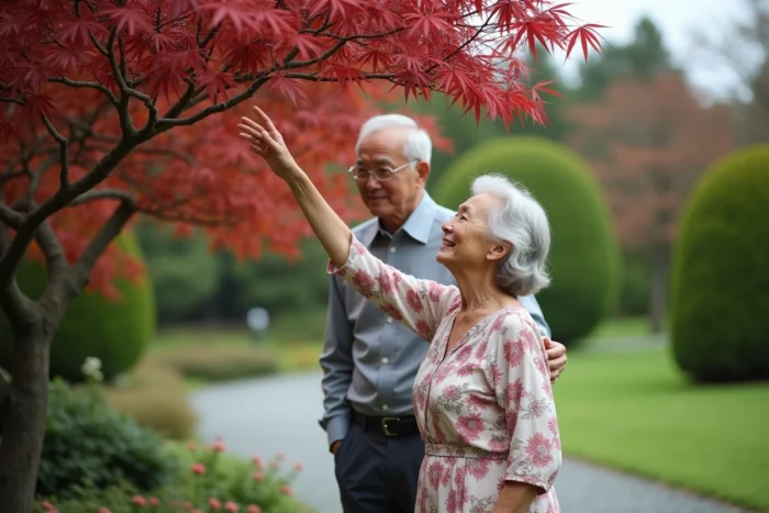 Couple de seniors admirant un érable japonais dans un jardin botanique, symbole de longévité et de beauté pour les 50 ans de mariage