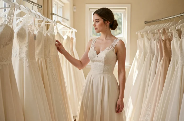 Jeune mariée essayant une robe de mariée en dentelle ivoire dans une boutique élégante
