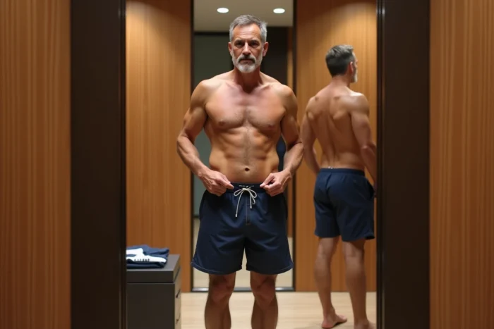 Homme essayant un short de bain dans une cabine d'essayage pour vérifier la coupe et la longueur avant l'achat