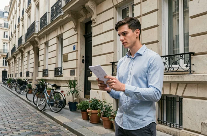 Jeune homme étudiant devant un immeuble haussmannien parisien avec une liste de critères pour son logement