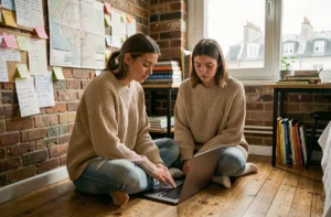 Étudiante cherchant un logement à Paris sur son ordinateur portable, entourée de notes et d'une carte de Paris