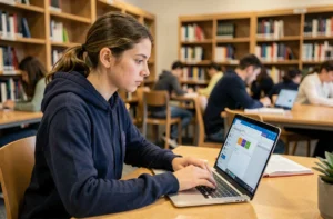 Étudiante universitaire utilisant un client de messagerie Zimbra sur son ordinateur portable dans une bibliothèque universitaire moderne
