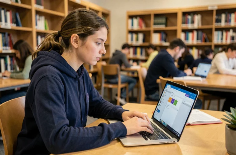 Étudiante universitaire utilisant un client de messagerie Zimbra sur son ordinateur portable dans une bibliothèque universitaire moderne
