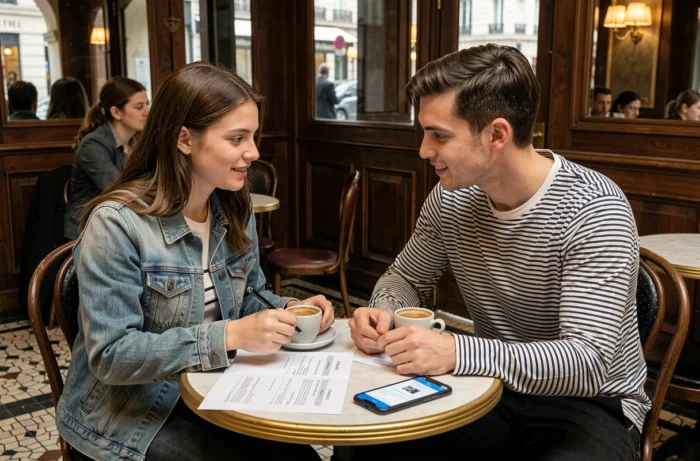Deux étudiants analysant un contrat de bail dans un café parisien pour leur recherche de logement