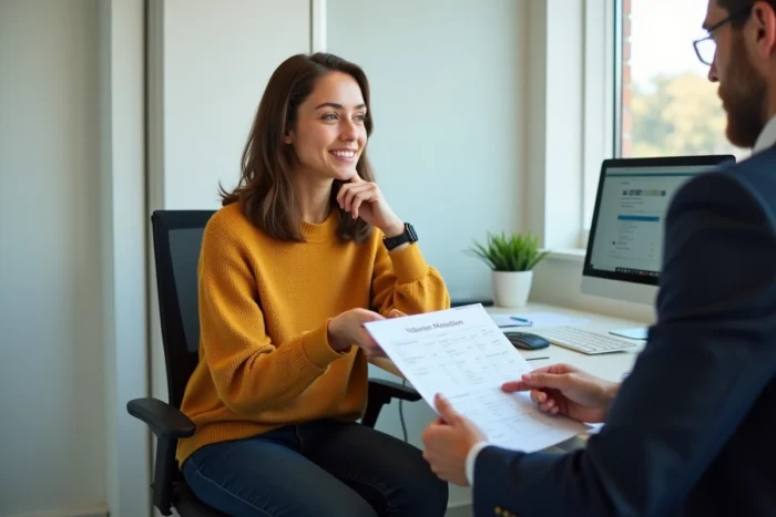 Femme consultant un expert en évaluation de voiture lors d'une reprise automobile dans un bureau