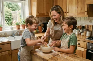 Mère et enfants préparant un repas ensemble dans une cuisine familiale chaleureuse