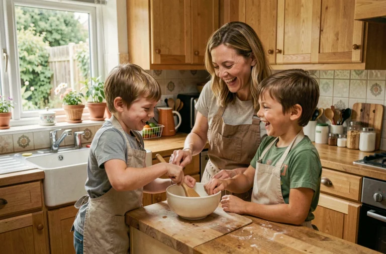 Mère et enfants préparant un repas ensemble dans une cuisine familiale chaleureuse