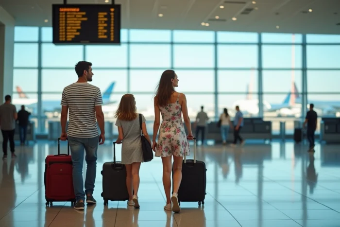 Famille en départ en vacances à l'aéroport grâce aux avantages du catalogue Société Générale